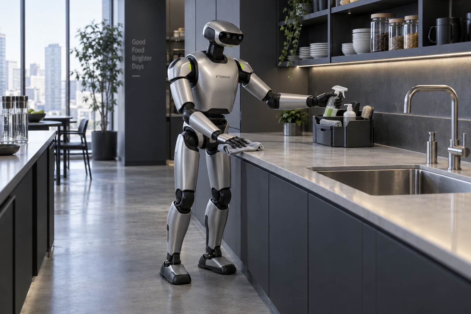 Concept visual of an Eternia humanoid cleaning a pantry surface